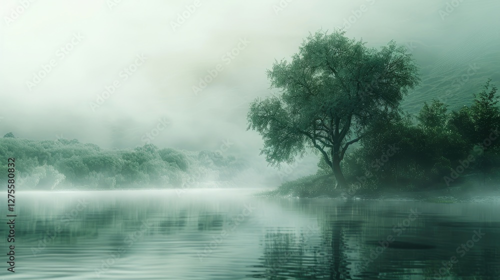 Poster foggy serene lake landscape with lush green trees on the left side and misty reflections in calm wat