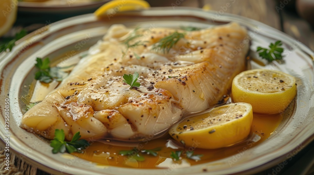 Poster deliciously cooked bacalhau codfish fillet garnished with fresh parsley and lemon slices on a rustic
