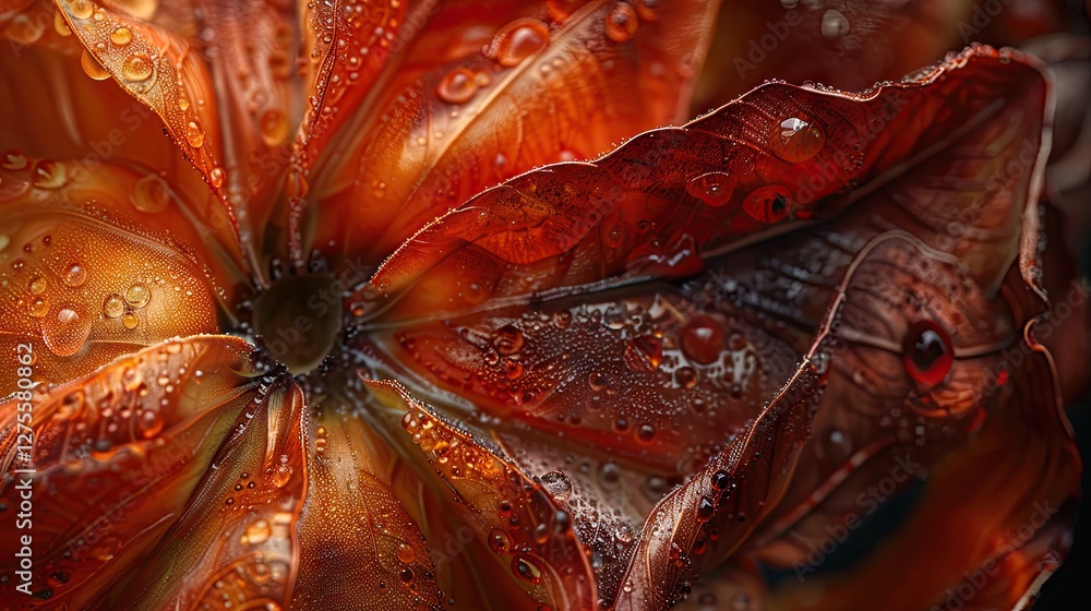 Aufkleber vibrant orange and red petals with dewdrops on a textured background showcasing intricate macro deta