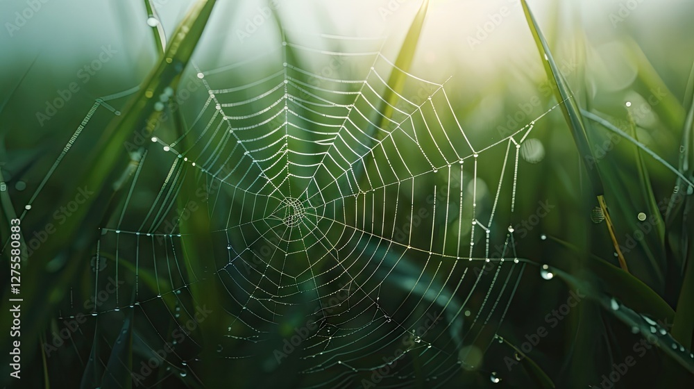 Aufkleber morning dew glistens on an intricate spider web nestled between green grass blades under soft sunlig