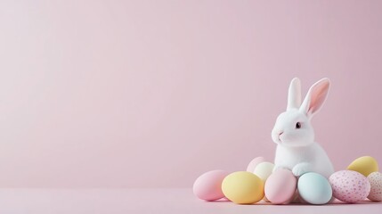 Obraz premium Cute white rabbit sitting beside colorful Easter eggs in a pastel setting
