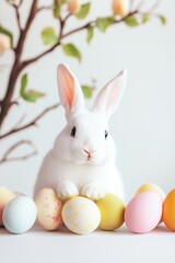Cute white rabbit surrounded by colorful Easter eggs near a decorative branch indoors during springtime celebrations