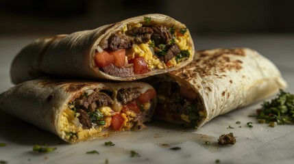Hearty steak and eggs breakfast burrito cut in half on marble surface showcasing vibrant tomatoes and green herbs with a golden tortilla wrap