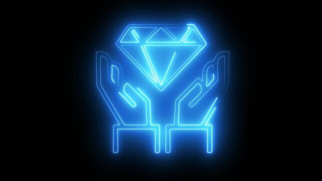  Man hand holding a glowing neon diamond symbol on black background. 