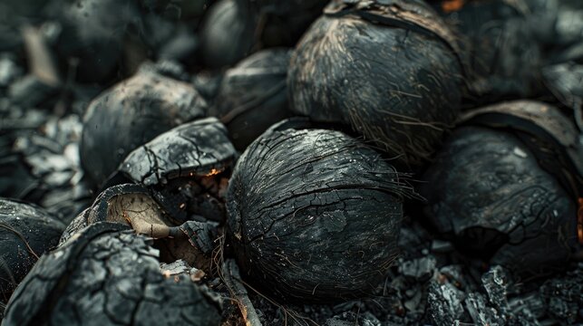 Charred coconut shells scattered among glowing embers with dark tones of black and brown showcasing intricate textures from burning.