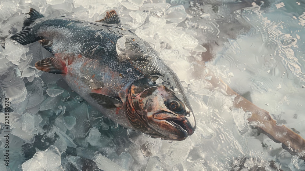 Poster fresh salmon resting on crushed ice at a market with shiny silver skin and vibrant flesh, showcasing
