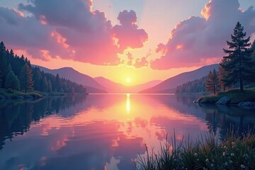 Sunset over a peaceful lake with soft pastel hues and glowing sparkles, serene, calming