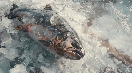 Fresh salmon resting on crushed ice at a market with shiny silver skin and vibrant flesh, showcasing a cold seafood display in a clean setting