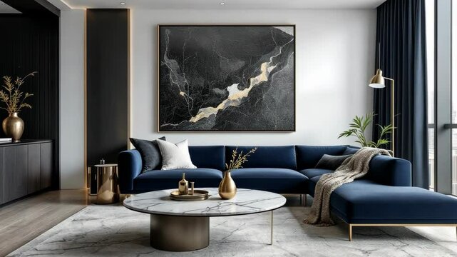 Elegant modern living room interior with blue sofa and marble coffee table
