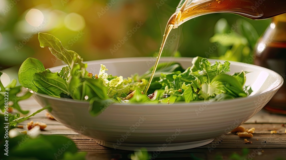 Aufkleber nut dressing being poured over fresh green salad leaves in a white bowl with natural light and green