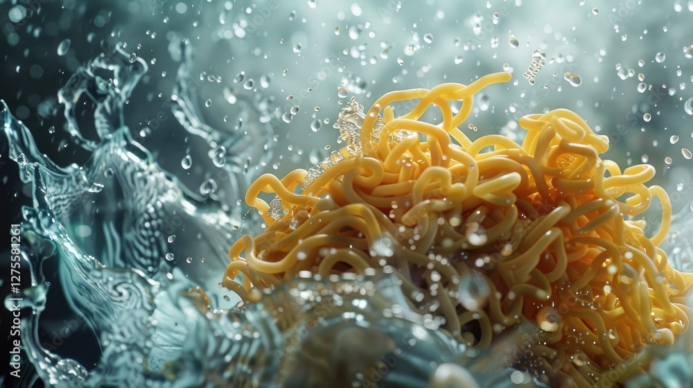 Poster Noodles submerged in clear water with splashes, golden yellow color in a dynamic motion, creating a sense of freshness and energy.