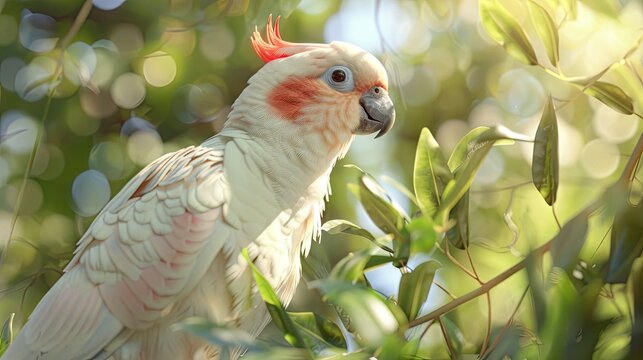 Long billed corella parrot perched among green leaves with soft sunlight illuminating its feathers and a bokeh background of blurred foliage.