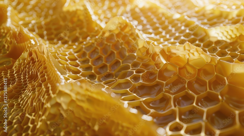 Aufkleber Golden honeycomb texture with hexagonal cells in a macro view, showcasing warm yellow tones and intricate patterns across the surface.