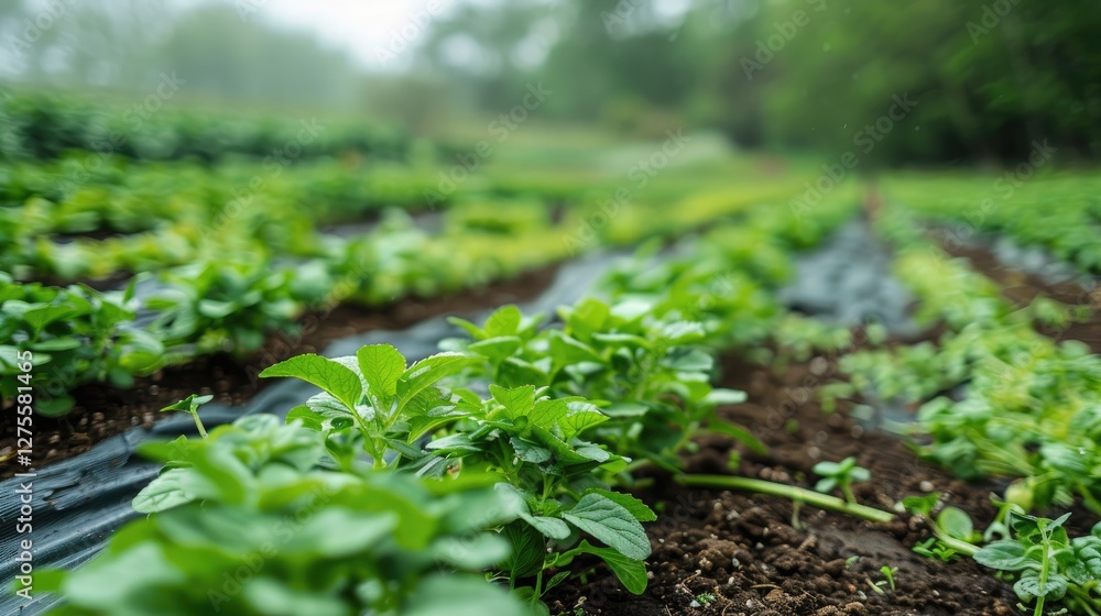 Poster lush green organic crop rows with vibrant leaves in focused foreground and blurred plastic mulch pat