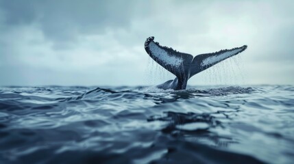 Fototapeta premium Humpback whale's dorsal fin and tail emerging from calm dark blue ocean water beneath a moody grey sky just before diving deeply into the sea