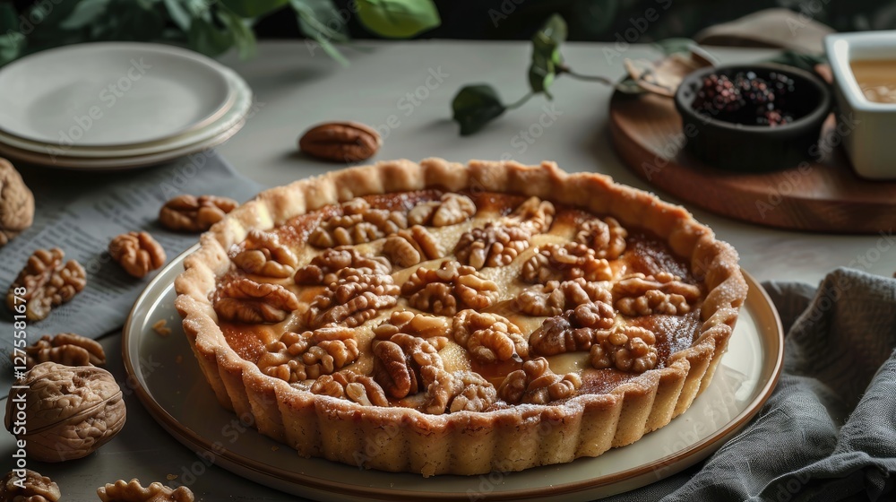Poster homemade walnut tart with caramel cream filling golden crust positioned center surrounded by walnuts
