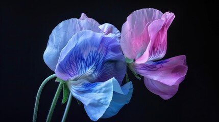 Elegant sweet pea flowers in soft blue and mauve hues against a deep black background, showcasing delicate petals and fine details.