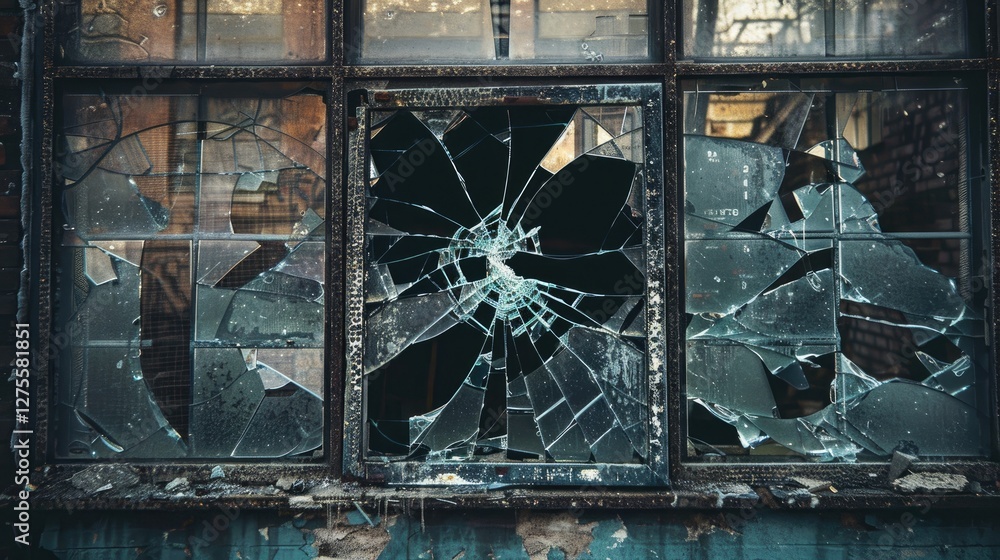 Aufkleber Broken window in abandoned building with shattered glass featuring dark gray frames and debris on a weathered wall creating a mood of neglect