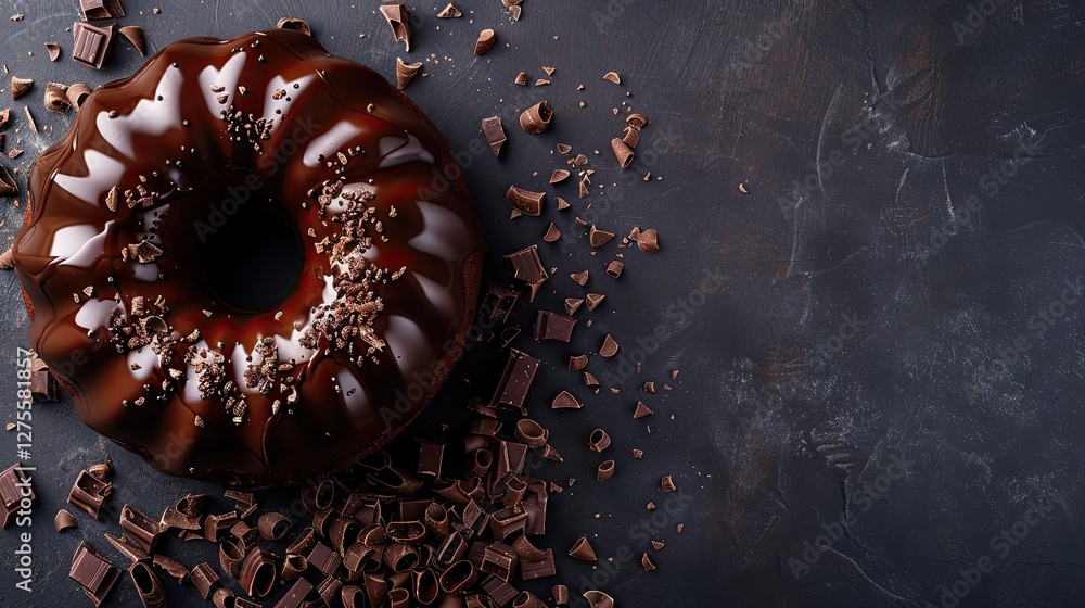 Poster Chocolate bundt cake with glossy ganache glaze and chocolate shavings displayed on a dark surface with ample copy space to the right side