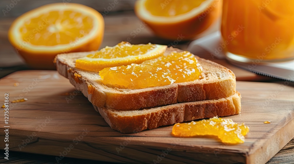 Poster golden orange jam spread over two thick slices of toasted bread on a rustic wooden table with fresh 