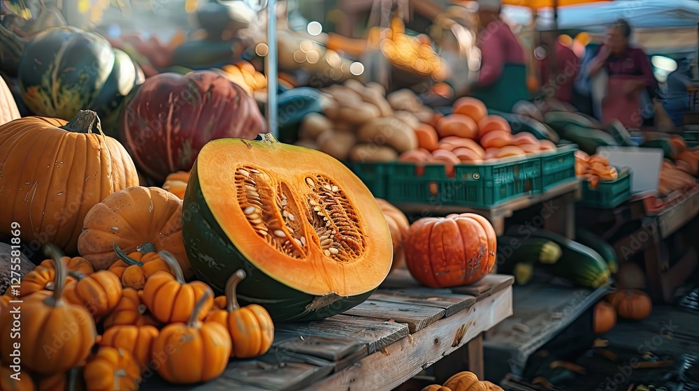 Poster vibrant market stall showcasing an array of organic ripe vegetables with a halved orange pumpkin pro