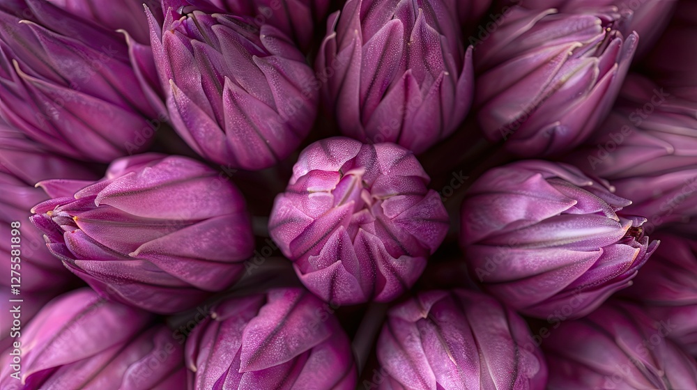 Poster vibrant close-up of purple ornamental onions featuring tightly packed blooming petals with soft grad