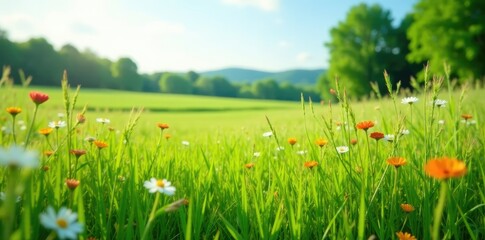 Fototapeta premium Tall grasses in a lush green meadow with wildflowers, flowers, meadow, countryside