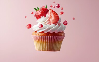 Floating strawberry cupcake with whipped cream and berry filling bursting, pastel background