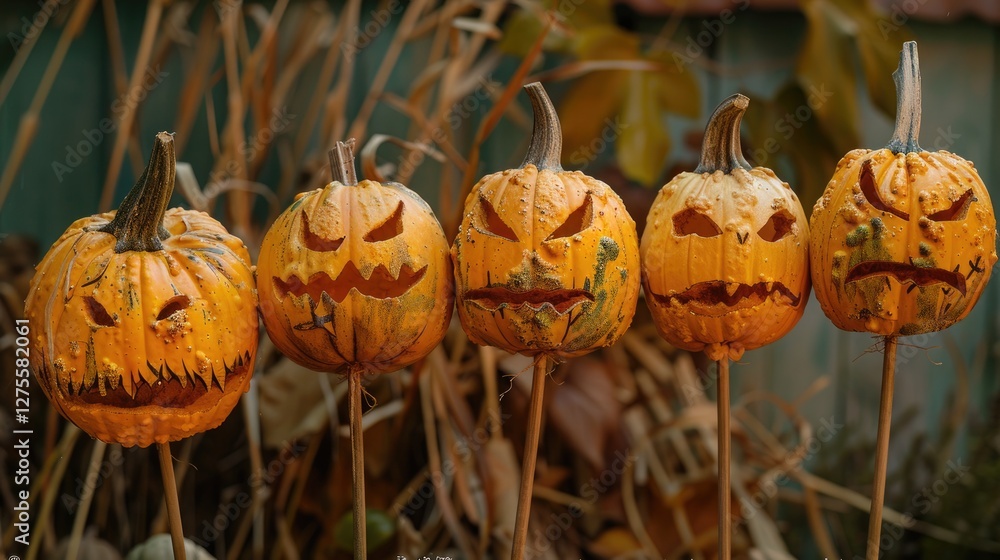 Aufkleber scary halloween pumpkin heads on sticks with carved faces in orange hues lined up in a rustic autumn