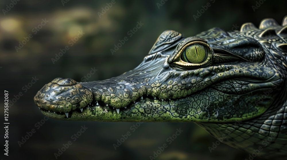 Poster gharial crocodile portrait with intricate green scales and vivid yellow eye set against a dark blurr