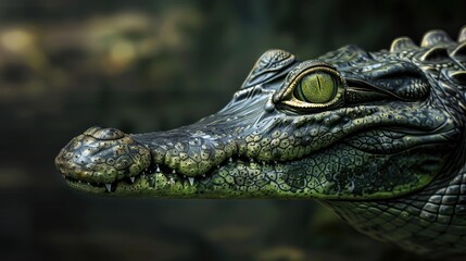 Fototapeta premium Gharial crocodile portrait with intricate green scales and vivid yellow eye set against a dark blurred background showcasing its unique long snout