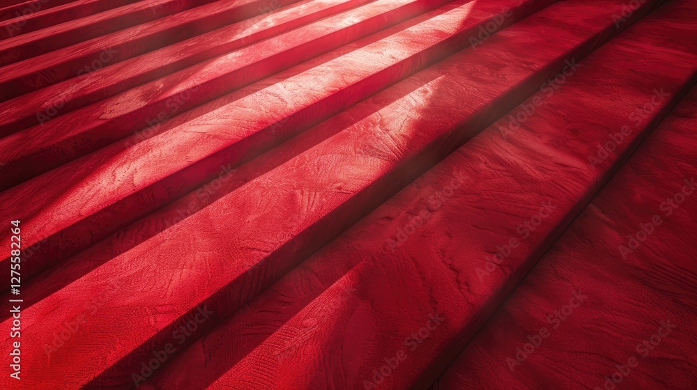 Aufkleber High angle view of textured deep red carpet with soft shadows creating a dramatic effect, showcasing elegant layered stripes throughout the frame.