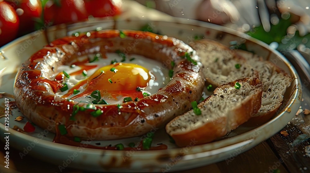 Poster turkish breakfast featuring a circular sausage with a runny egg in the center surrounded by herbs an