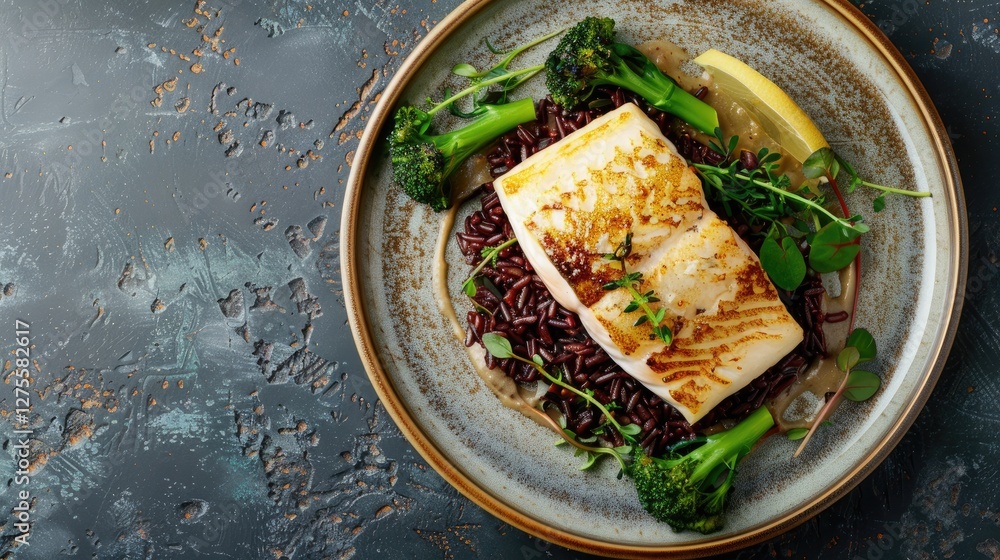 Poster pan-seared skrei cod filet with baby broccoli and red rice in lemon cream sauce on textured ceramic 