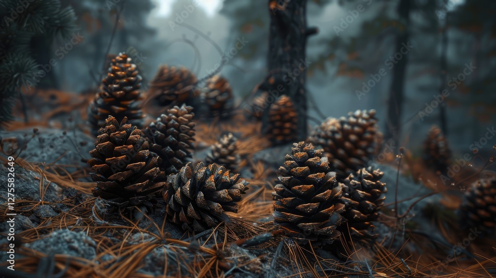 Poster pine cones scattered across a mossy forest floor surrounded by blurred trees and soft light showcasi