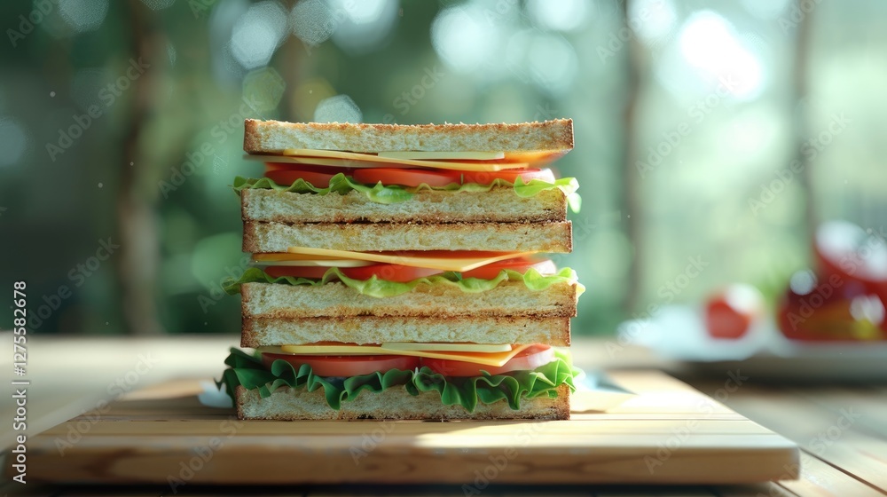 Aufkleber delicious club sandwich stacked high with crisp lettuce ripe tomatoes and layers of meat on a rustic