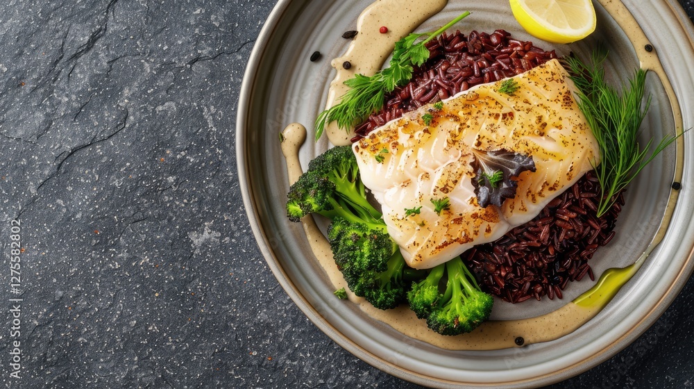 Poster modern fried skrei cod filet atop black red rice with baby broccoli in lemon cream sauce served on a