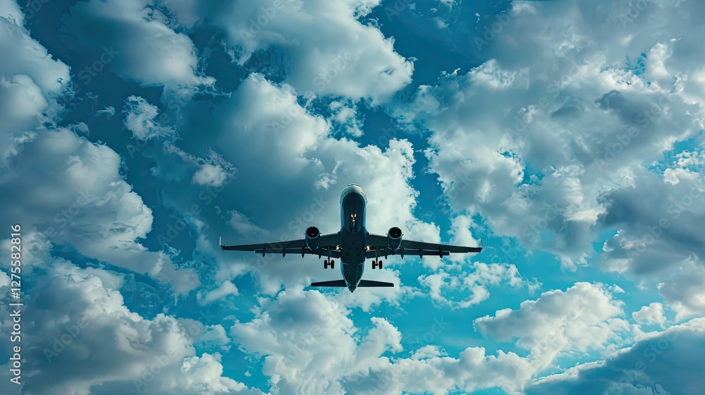 Poster Airplane in flight viewed from below against a backdrop of puffy white clouds in a vibrant blue sky creating a symmetrical silhouette effect