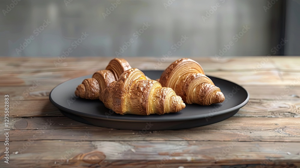 Poster Croissants with golden flaky layers displayed on a matte black plate centered on a rustic wooden table creating a cozy breakfast scene