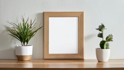 Wooden Frame Mockup on White Wall Elegant Canvas for Artwork, Photos or Prints, Pure and Minimalistic with a Hint of Warmth, Perfect for Modern and Contemporary Spaces.