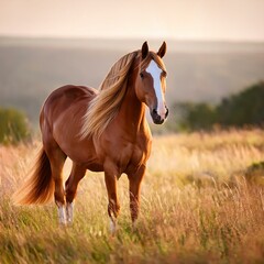 Obraz premium A majestic horse standing gracefully in an open field, showcasing its strong, muscular build and flowing mane under soft, natural lighting