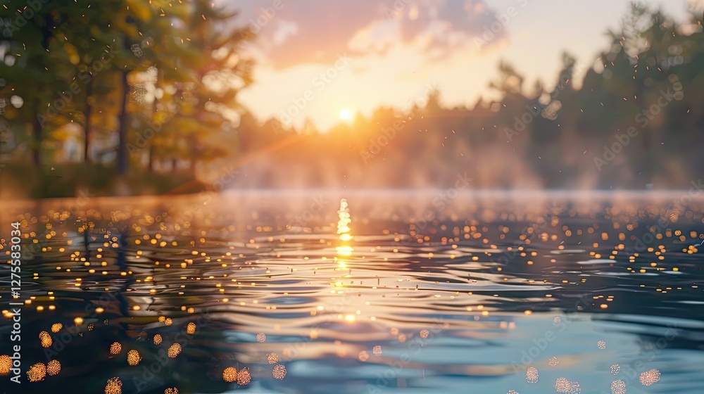 Poster Serene sunset reflection on tranquil lake surface with golden shimmer and blurred trees in background, warm hues of orange and blue tones