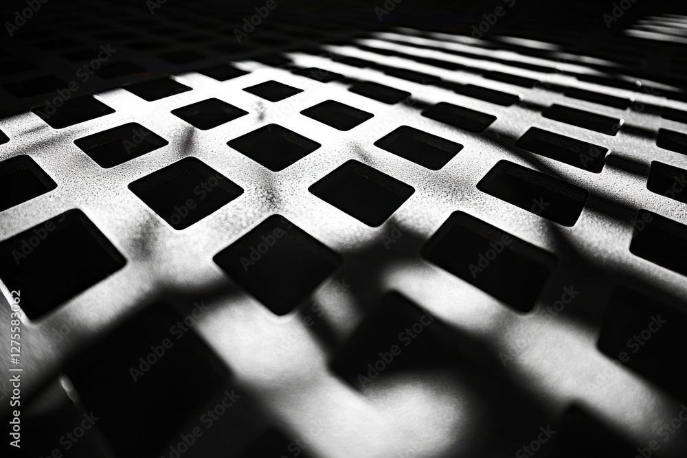 Poster abstract black and white close-up of metal grid with patterned square perforations, creating strong 