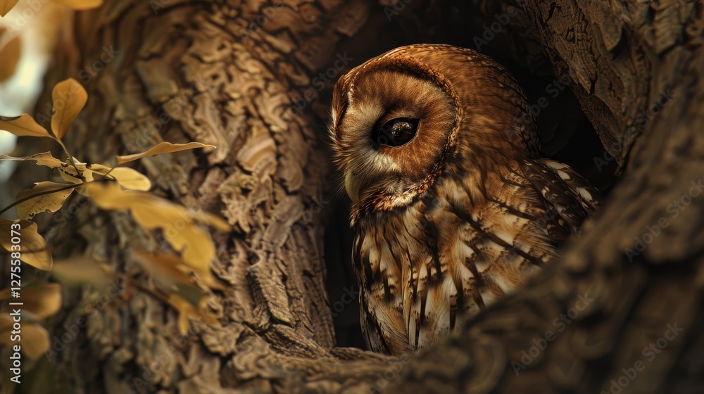 Poster tawny owl perched in tree hollow with detailed brown feathers and textured bark illuminated by soft 