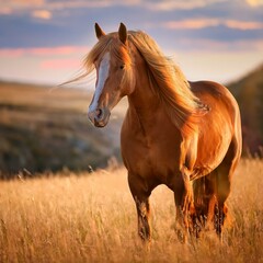 Fototapeta premium A majestic horse standing gracefully in an open field, showcasing its strong, muscular build and flowing mane under soft, natural lighting
