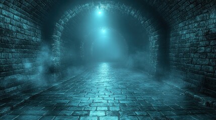 Mystical stone tunnel, blue light, fog, game background