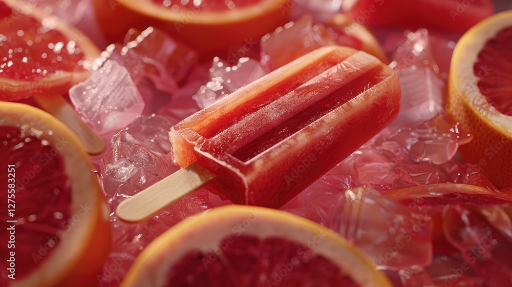 Poster vibrant red grapefruit popsicle surrounded by ice cubes and fresh grapefruit slices on a glossy pink
