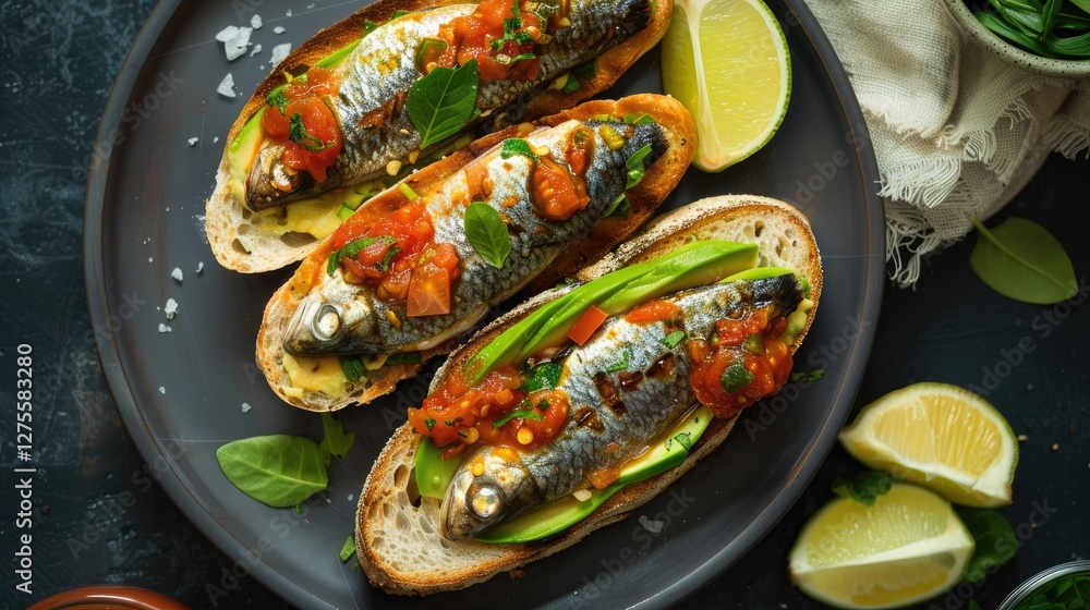 Poster sardines topped with tomato sauce and avocado on toasted bread, arranged on a dark plate with lime w