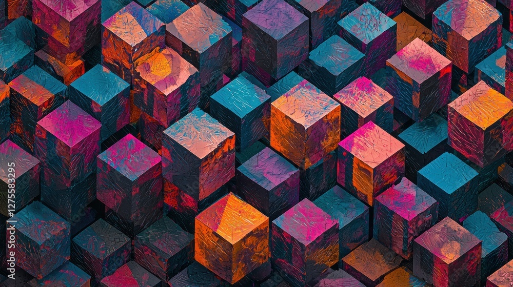 Poster abstract cube symphony: a vibrant explosion of color and form.