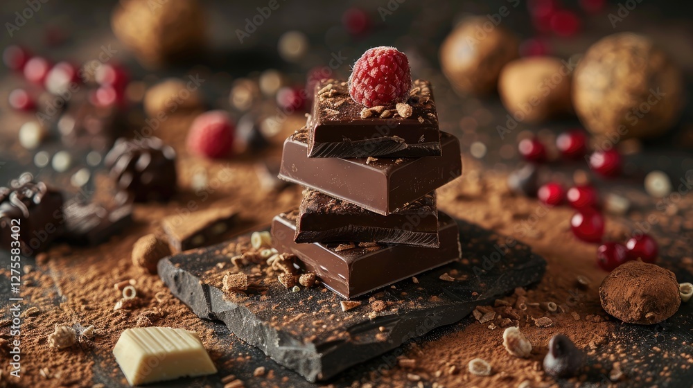 Poster Stacked dark chocolate squares with raspberry on top, placed on a slate with cocoa powder, surrounded by chocolate truffles and berries.